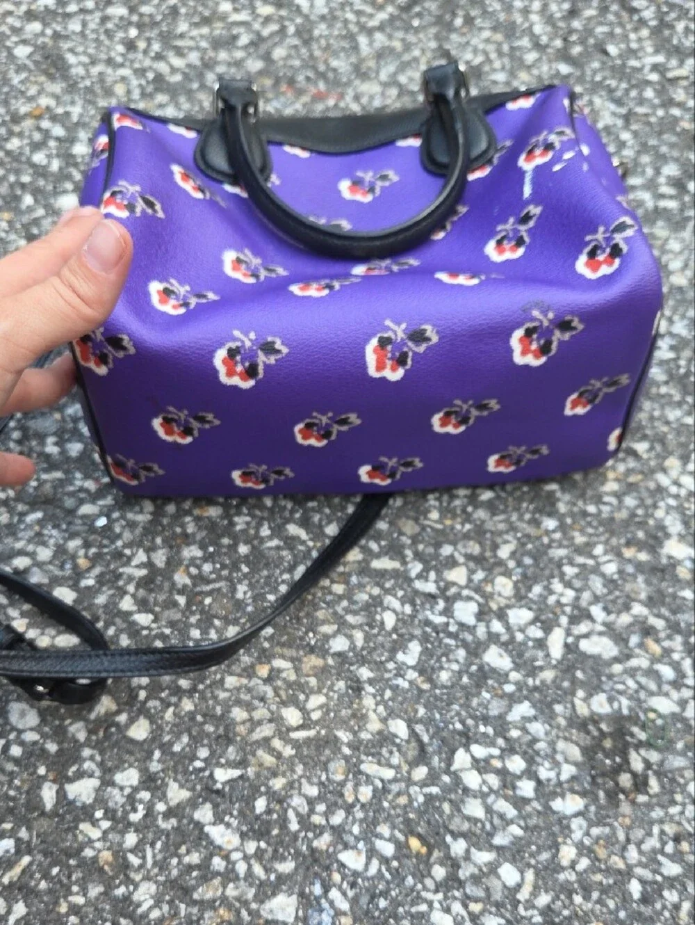 Coach Purple Floral Dome Satchel with Black Trim and Red Accents
